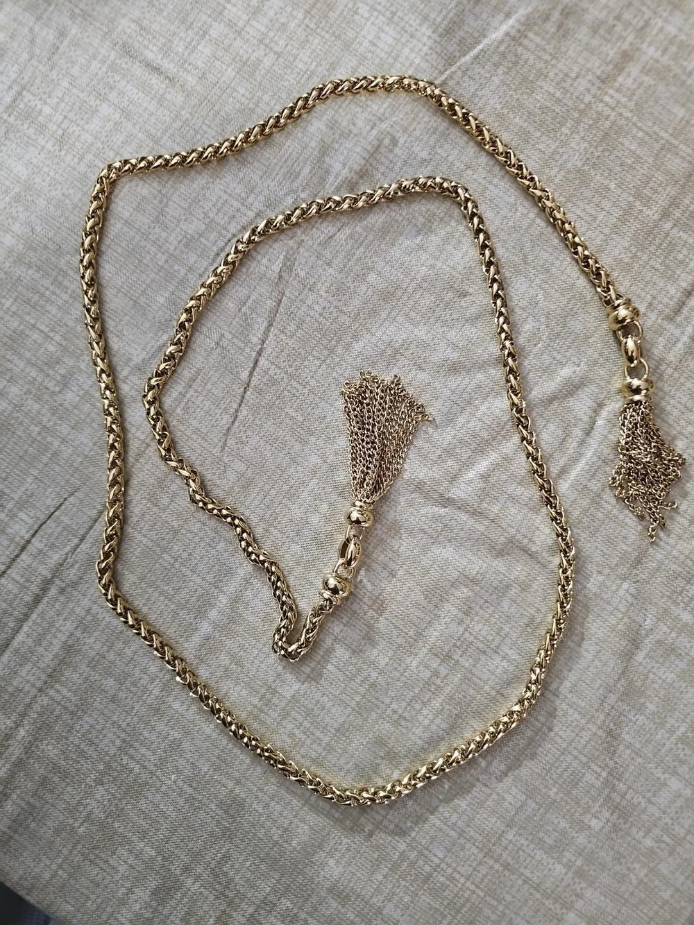 Elegant Gold Tone Braided Chain Belt with Tassel Detail – 44